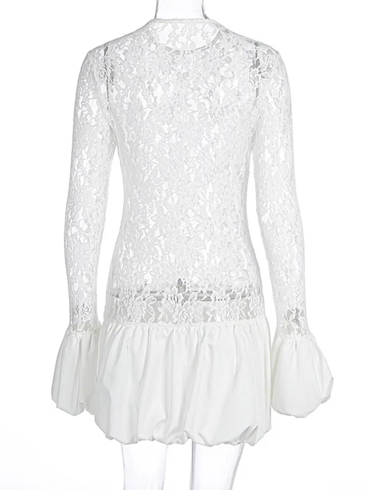 Aiertu  -  Women's Long Sleeve See-Through Lace Cake Dress Fashion Patchwork Folds Mini Dress Sexy Slim Hot Girl Club Party Clothing Aiertu