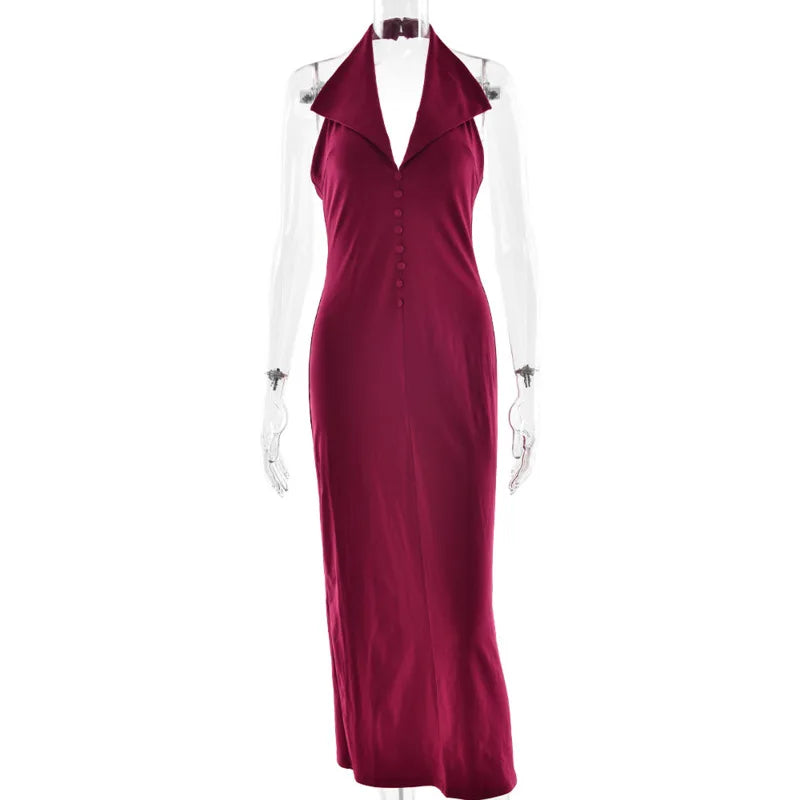 Aiertu  -  Sexy Halter Deep V Neck Sleeveless Maxi Dress Women Elegant Backless Split Bodycon Dresses Autumn Femme Fashion Vest Long Dress Aiertu