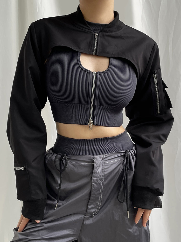Aiertu - summer inspo Zip Up Stand Collar Long Sleeve Black Cropped Jackets Women Pocket Safari Style Streetwear Aiertu