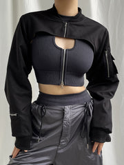 Aiertu - summer inspo Zip Up Stand Collar Long Sleeve Black Cropped Jackets Women Pocket Safari Style Streetwear Aiertu
