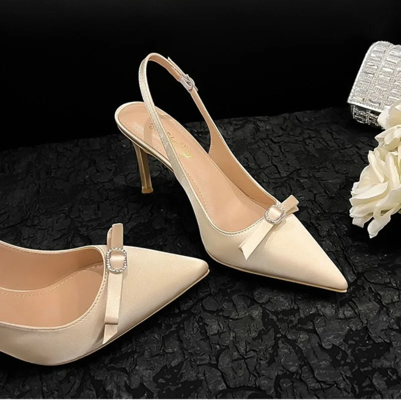 Aiertu  -  New Summer Women'S Sandals Thin Heel Pointy Bao Head Champagne Satin Fashion Korean Version After Autumn Empty Heels Aiertu