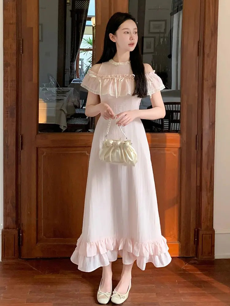 Aiertu  -   summer sweet girls pink long dress lace splicing ruffled off shoulder o neck short sleeve high waist slim a line dresses Aiertu