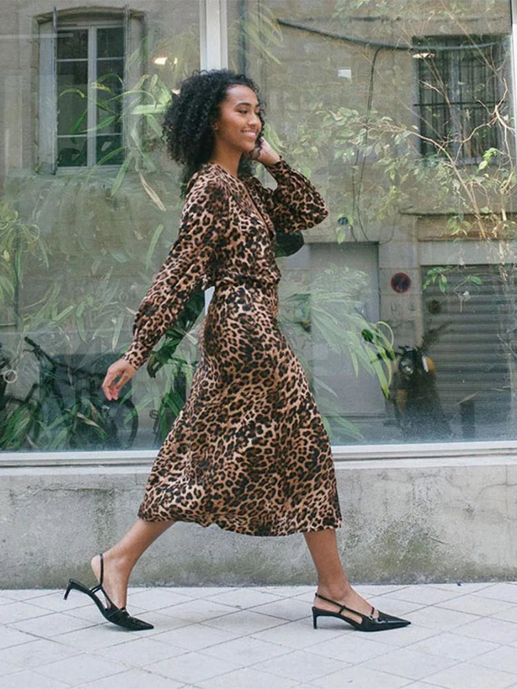 Aiertu  -  Fashion Leopard Print Long Sleeve Dress For Women V-neck Side Split Casual Loose Dresses 2026 New Lady High Street Vestidos Aiertu