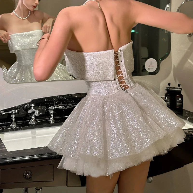 Aiertu  -  Shiny Party Tube Top Dress Ladies Sexy Backless Bandage Off Shoulder Mini Dresses Women's Elegant Evening Dress Female Aiertu
