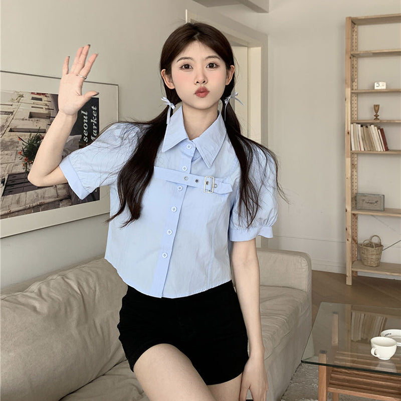 Aiertu Y2K Puff Short Sleeve Blouse Women Asymmetrical Belt Chic Slim Shirts Student Summer Korean Irregular White Crop Tops New Aiertu