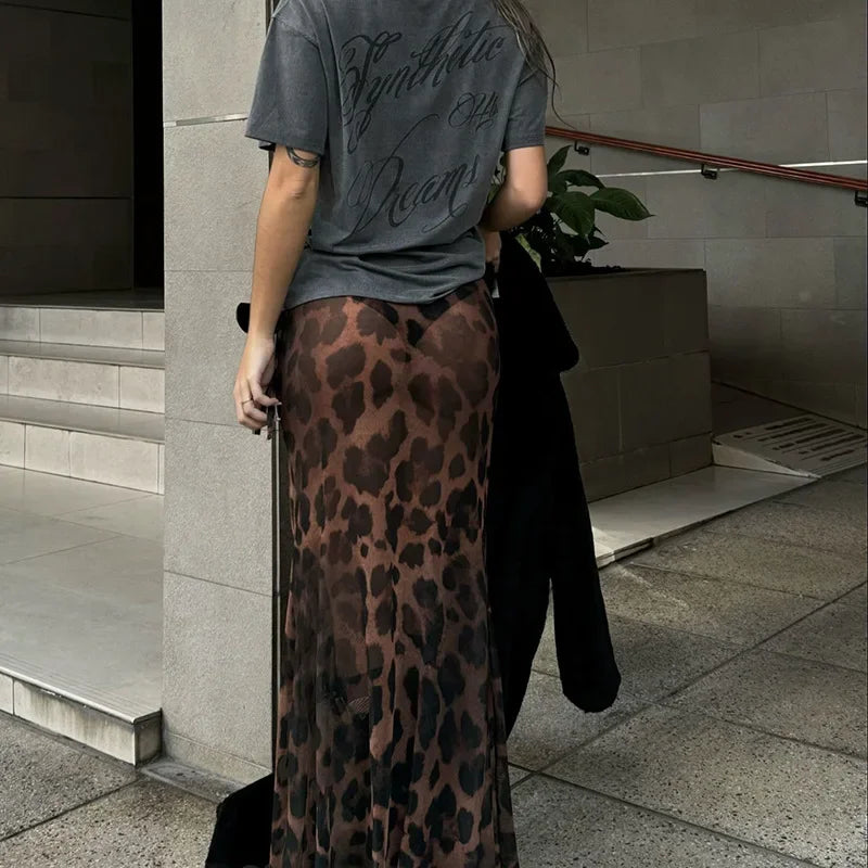 Aiertu       -  Mesh Stitching Leopard Sexy See-Through Long Skirt Female Animal Print Slim High Waist Skirts Hot Girl Fashion Streetwear Aiertu