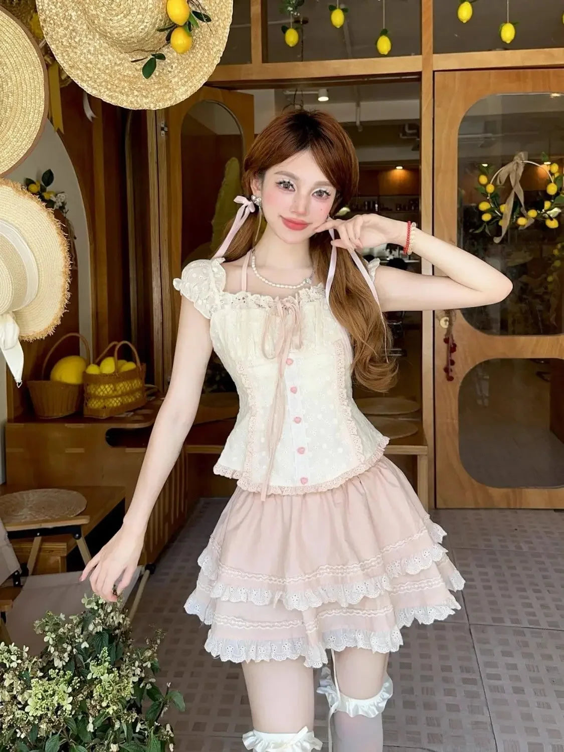 Aiertu  -   Summer Sweet Girls Two Piece Skirt Sets Lace Splicing Puff Sleeve Slim Shirt Tops + High Waist A Line Mini Skirt Outfits Aiertu