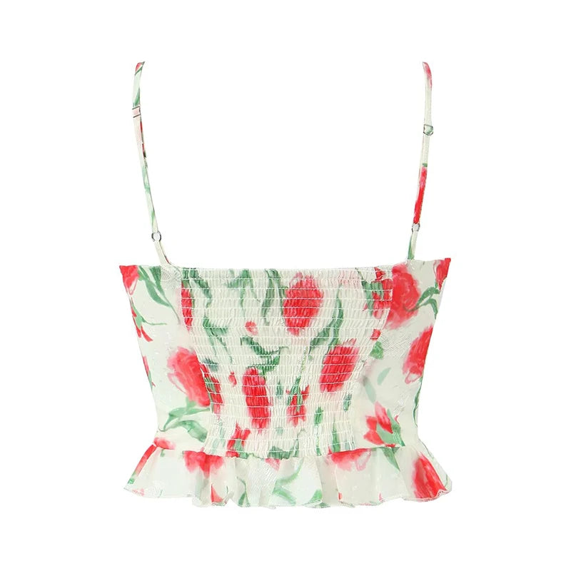 Aiertu  -  New Women Sexy Thin Straps O Neck Hem Ruffle Floral Print Camis Summer Holiday Crop Top ropa de mujer Aiertu