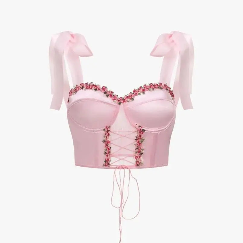 Aiertu  -  party look snspos Women's Sexy Satin Camis Sweet Floral Bow Bra Strap Crop Top Mesh Ribbons Sleeveless Backless Tank Tops Female Corset Y2k Aiertu