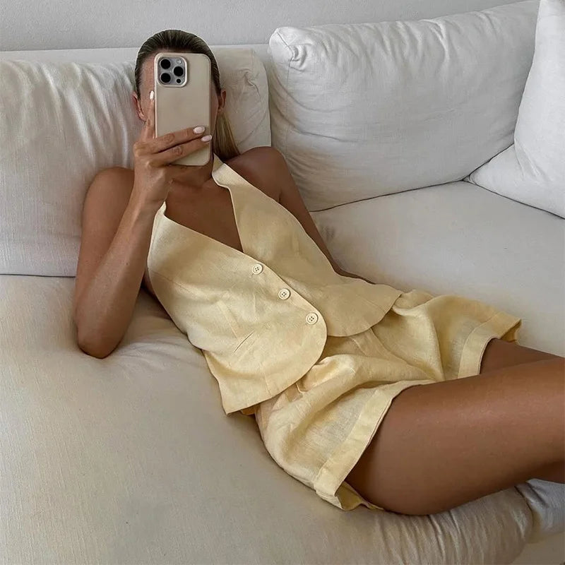Aiertu  -  Lemon-yellow Halter Vest Short Set Women V-neck Single Breasted Sleeveless Waistcoat Lady Outfit Female Fashion Beachwear Aiertu