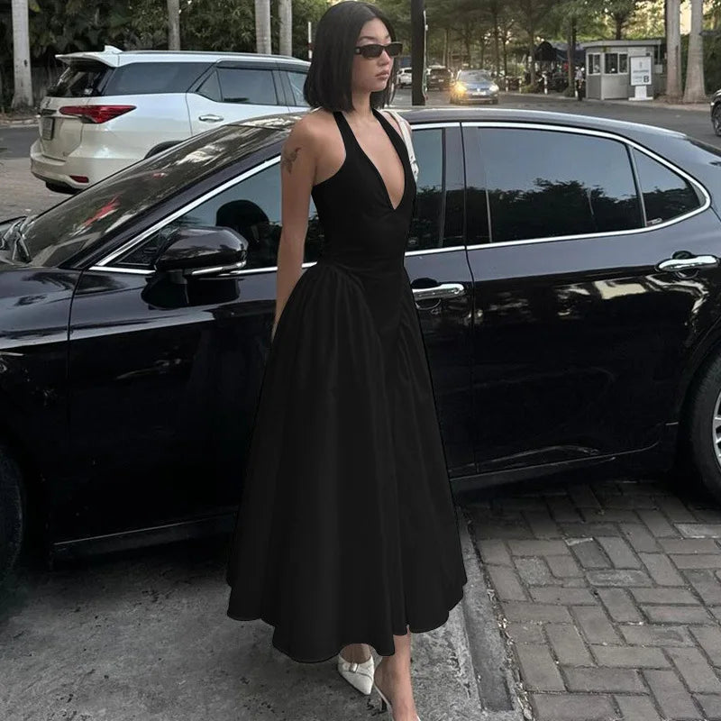 Aiertu  -  Sexy Deep V Hollow Halterneck Large Hem Dress For Women Solid High Waisted Backless Splice Summer New Vacation Long Dress Aiertu