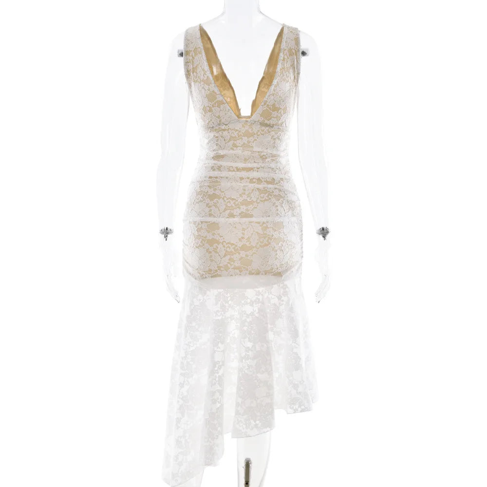 Aiertu  -  Elegant Lace Patchwork Dress For Women 2026 Sexy New V-neck Lace Long Dress Summer Sleeveless Backless Partywear Aiertu