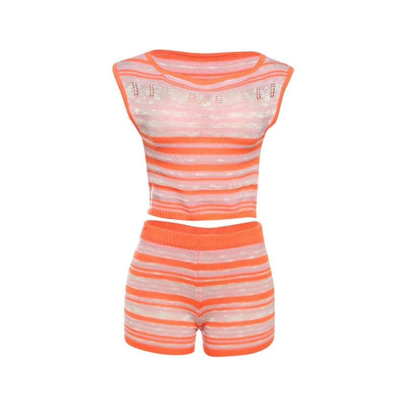 Aiertu  -  Sexy Summer Crochet Women 2 Piece Set Thin Beach Vacation Hollow Tank Tops+Shorts Stretch Matching Streetwear Outfits Aiertu