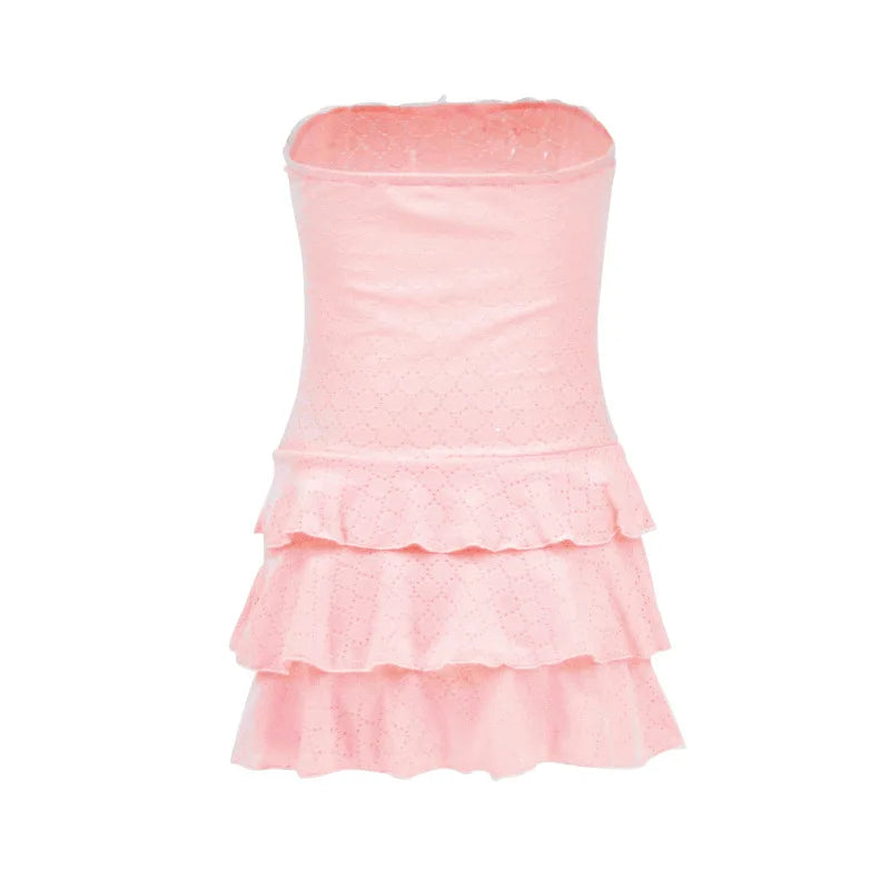 Aiertu  -  Strpless Frill Tank Dress For Women Y2k Cute Ribbed Knit Slim Solid Vest Mini Dress Ruffled Bodycon Dresses Summer New Aiertu