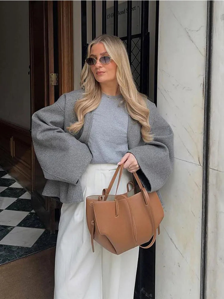 Aiertu  -  Casual Grey Button Fashion V-neck Wool Short Jacket Women's Long Sleeved Cardigan Jackets 2026 Chic Autumn Lady Outerwear Aiertu