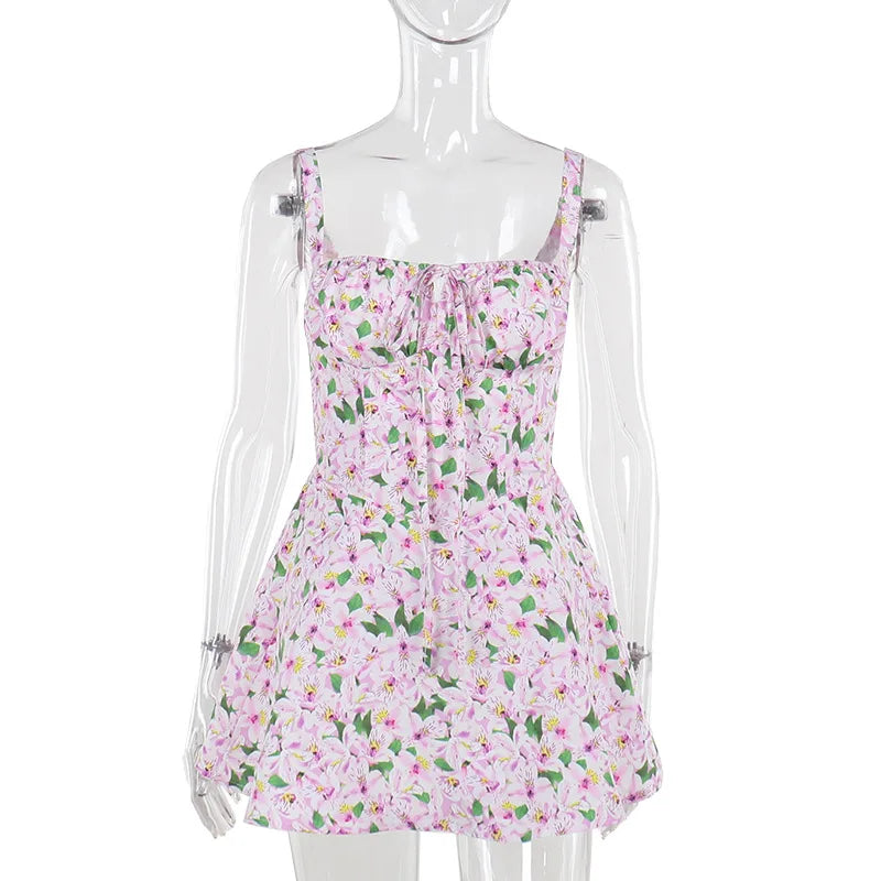 Aiertu  -  Pink Floral Printed Slip Dress Women Summer Sexy Sleeveless A-line High Waist Short Dresses Vacation Beach Sundress 2025 New Aiertu