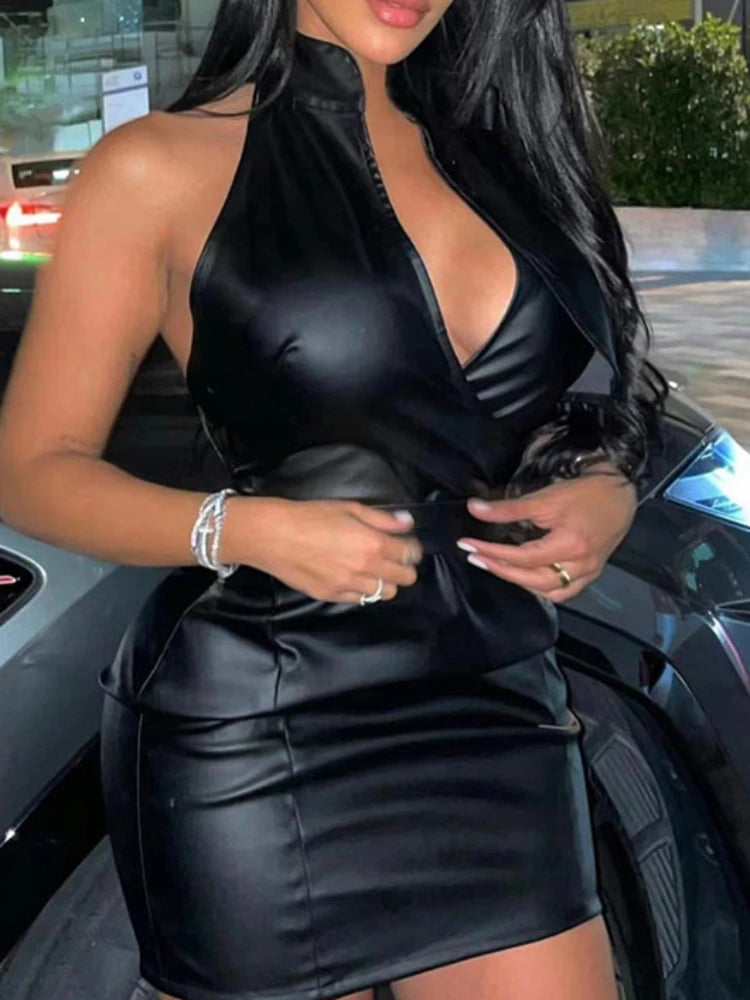 Aiertu Sexy PU Leather V Neck Low-cut Girdling Waist Slim Bodycon Dress Women Sleeveless Backless Skinny Evening Dress Club Party Aiertu