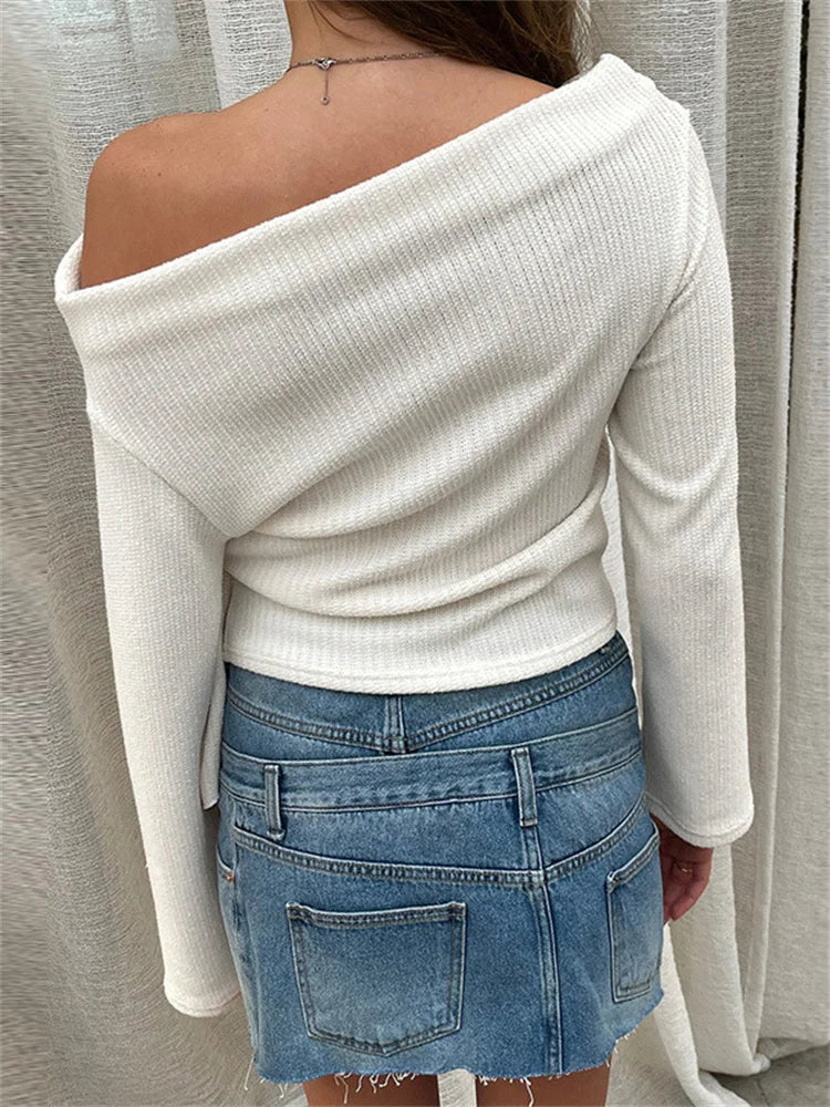 Aiertu  -    Casual Bandage Patchwork T-shirt Pullover Female Solid Lace-Up Off-Shoulder Slim Pleated White Tee Women Knit Sweater Top Aiertu