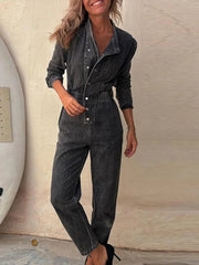 Aiertu  -  Women Slim Denim Jumpsuits Long Pants Rompers Springturn Down Collar Loose One Piece Full Sleeve Tight High Waist Overalls Aiertu