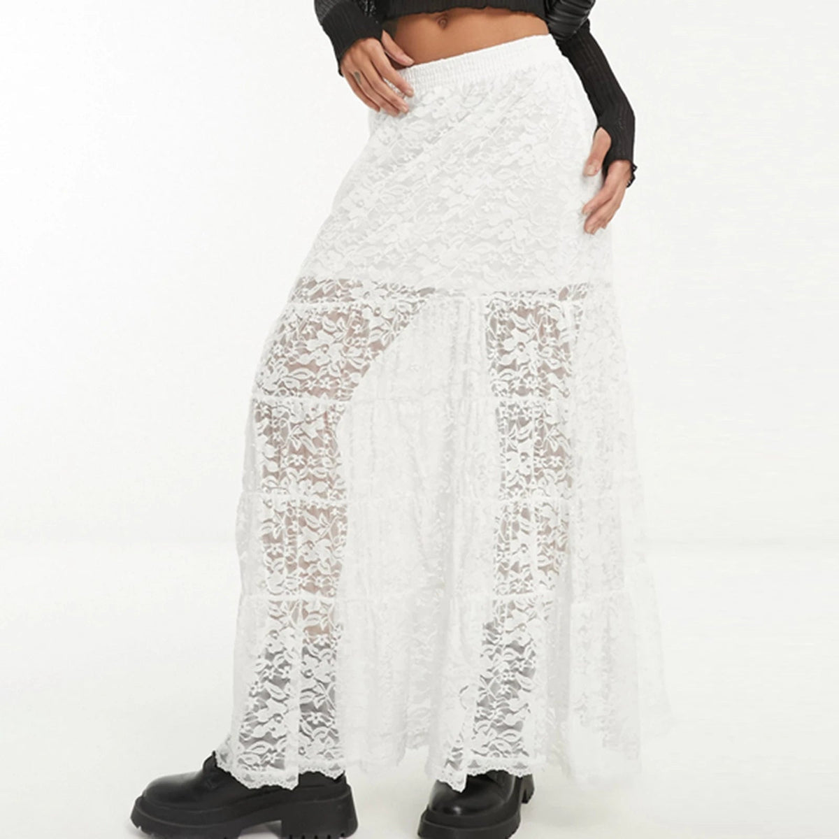 Aiertu  -  Summer Sexy Solid Color Lace Skirt Elastic Waist Mesh Sheer A-Line Long Skirts with Lined for Women Aiertu