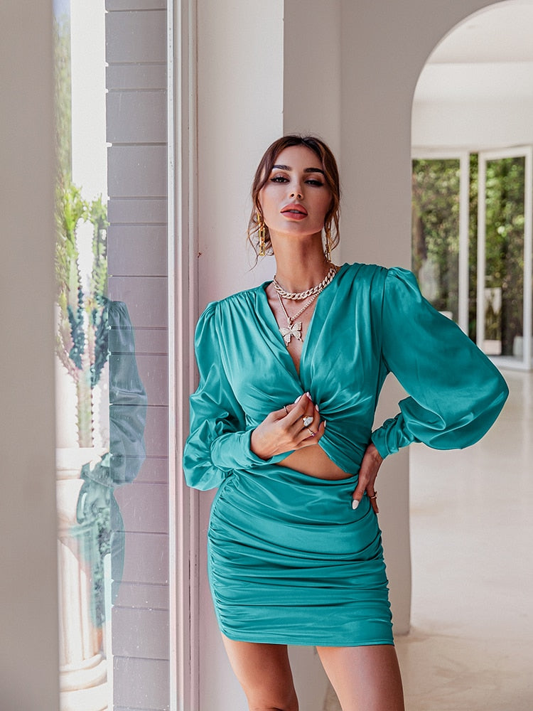 Aiertu  Sexy deep v neck bodycon dress Party club hollow out mini dress Elegant winter autumn chic lantern sleeve satin dress Aiertu