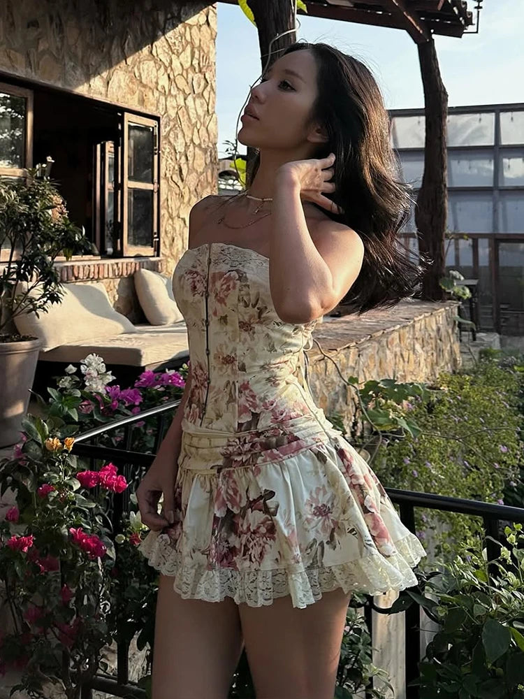 Aiertu  -  Sweet 2Piece Set Women Flower Print Single-Breasted Metal Buckle Wrap Mini Top+Patchwork Lace Folds Skirt Matching Suits Aiertu