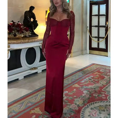 Aiertu  -  Chic Burgundy Frenulum Slim Fit Dress Women Elegant Lace Long Sleeved Square Neck Gown Autumn Evening Party Lady Bodycon Vestido Aiertu