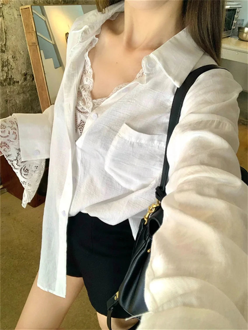 Aiertu  -  Fashion New Solid White Shirts With Lace Bottoming Tees Summer Women Gentle New 2026 Office Lady Daily Loose Mujer Slim Aiertu