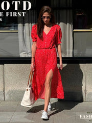 Aiertu      -  Polk Dot Red Midi Dress Women Summer New V Neck Short Sleeve Waist Cinched Split Dresses 2024 Elegant Casual Button Long Vestido Aiertu