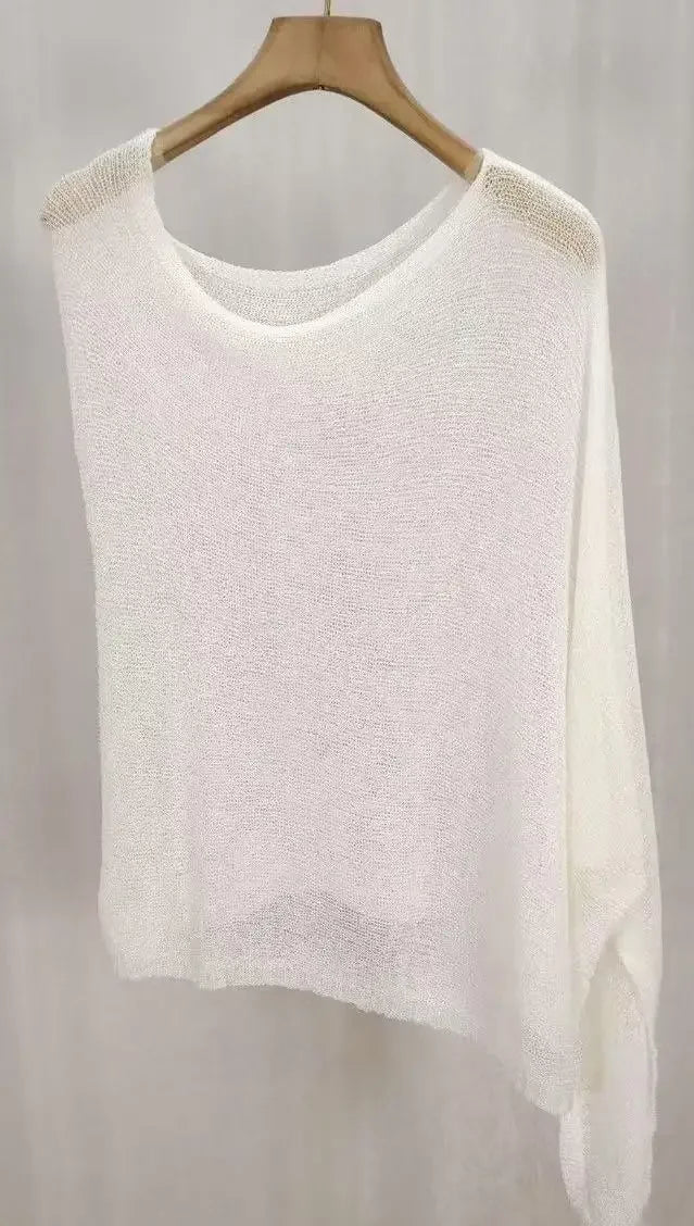 Aiertu  -  Thin See Through Irregular Knit Cover Ups Crop Tops Women Sexy Inclined Shoulder Summer Holiday Beach Smock Pullover Shawl Tees Aiertu