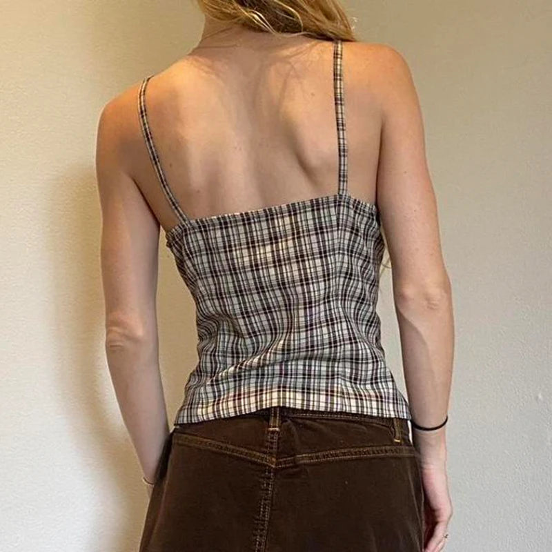 Aiertu  -  Y2K Women Plaid Vest Sweet Style Retro Buttons Slit Hem Camisole Aesthetic Chic Fashion Tank Top Summer Outfits 2025 Aiertu