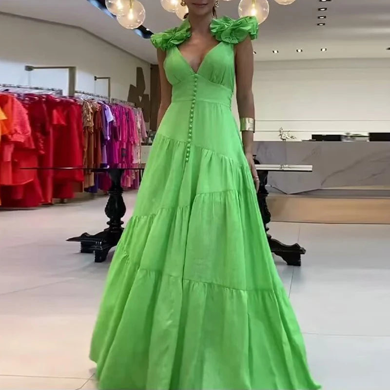 Aiertu  -  Elegant Deep V-neck Sleeveless Evening Dress Women Fashion Pleated Hight Waist Long Dress Sexy Backless Solid Slim Party Dresses Aiertu
