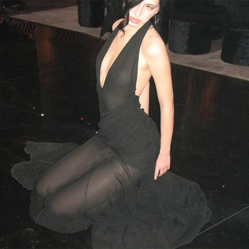 Aiertu  -  Hater Neck Backless Long Dresses See Through Mesh Black Club Dress Women Sexy Summer Clothes 2025 P15-DC35 Aiertu