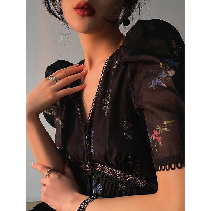 Aiertu - Puff Sleeve V-Neck Floral Maxi Dress Aiertu