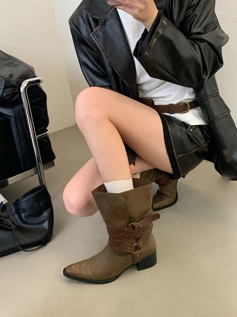 Aiertu    -  Black Chunky Heels Ankle Boots Woman Pointed Toe Rivet Fall Shoes Belt Buckle Western Style Cowboy Boots Zapatos Mujer Aiertu