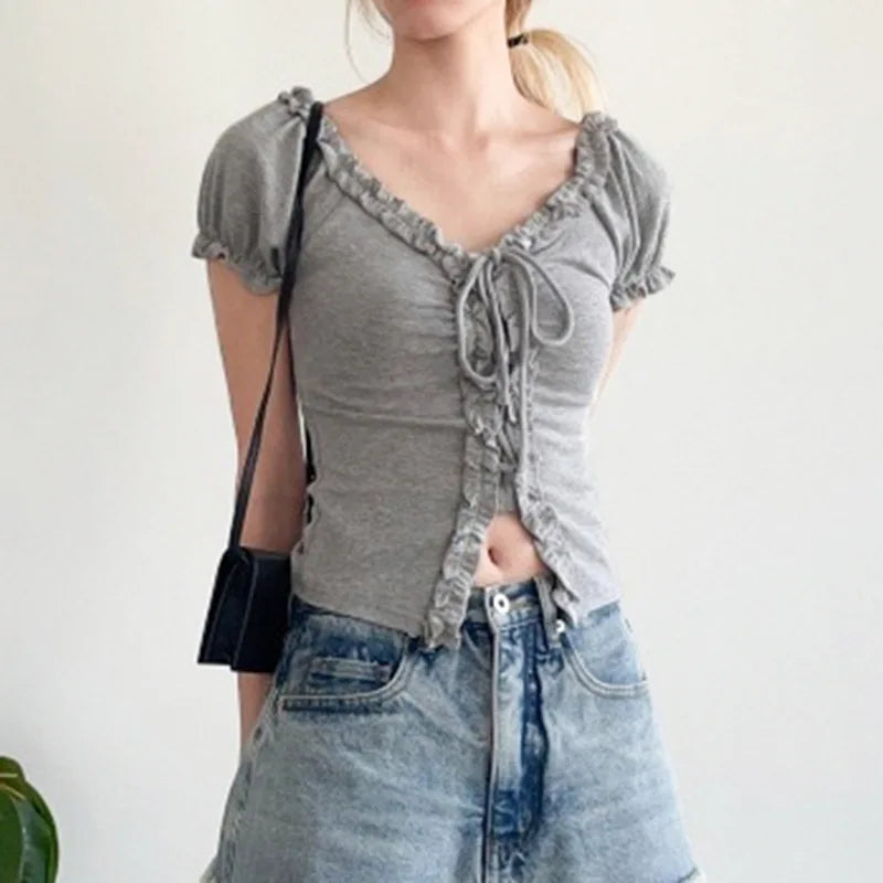 Aiertu  Women Y2k Aesthetic Ruffled Bandage T-shirt Summer Harajuku Fairy Vintage Slim Fit Tees Grunge Cropped Pleated Tops Streetwear Aiertu