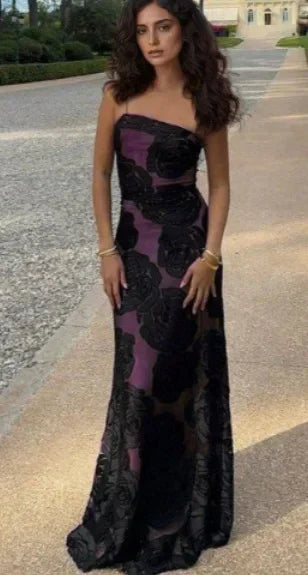 Aiertu  -  Black Rose Printed See Through Slim Long Dress Women Sexy Irregular Spaghetti Sleeveless Backless Vestidos Elegant Party Robe Aiertu