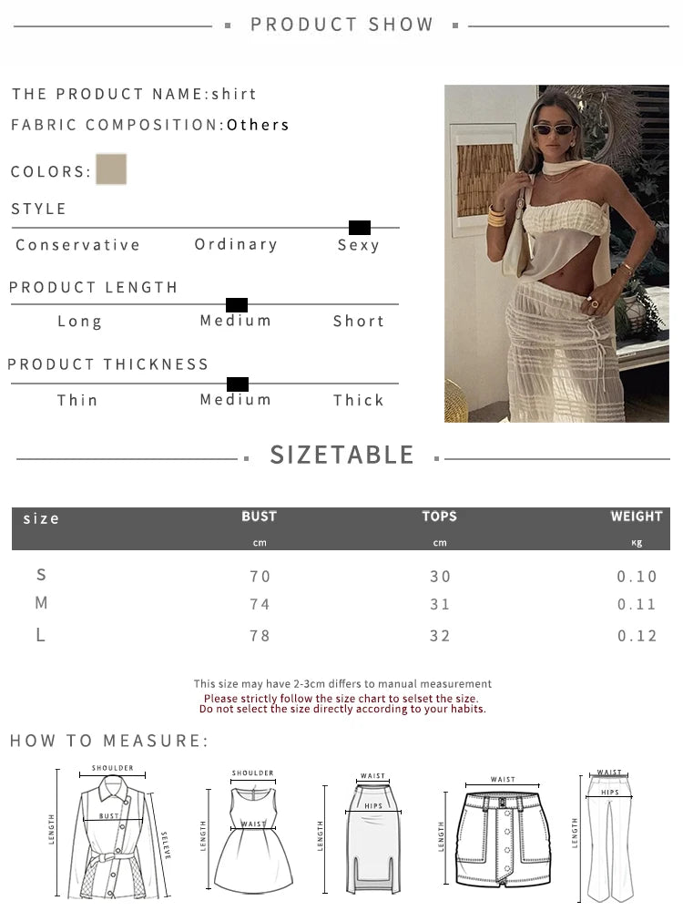 Aiertu  -  Beach Party Two-Piece Set See Through Scarf Mini Wrap Top Mesh Irregular Hem+Multi-Pleated Bottoms Matching Pretty Suits Aiertu