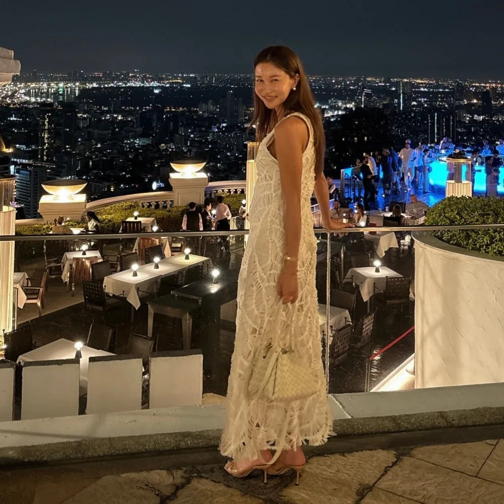 Aiertu  -  Luxury Sleeveless Long Strap Dress Women Summer V Neck 3D Crochet Flower Maxi Sundress Female Woman Clothes 2025 Aiertu