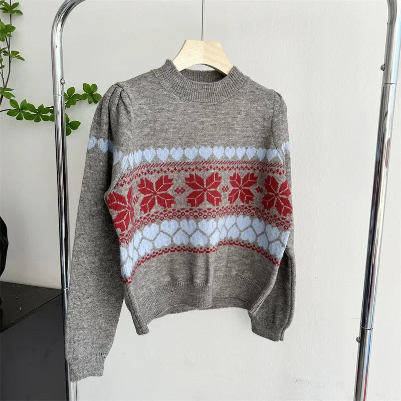Aiertu  -  Vintage  Fair Isle Crew Neck Jumper Heart Pattern Knitted Pullovers Christmas Sweater Holiday Knitwear Autumn Women Outerwear Aiertu