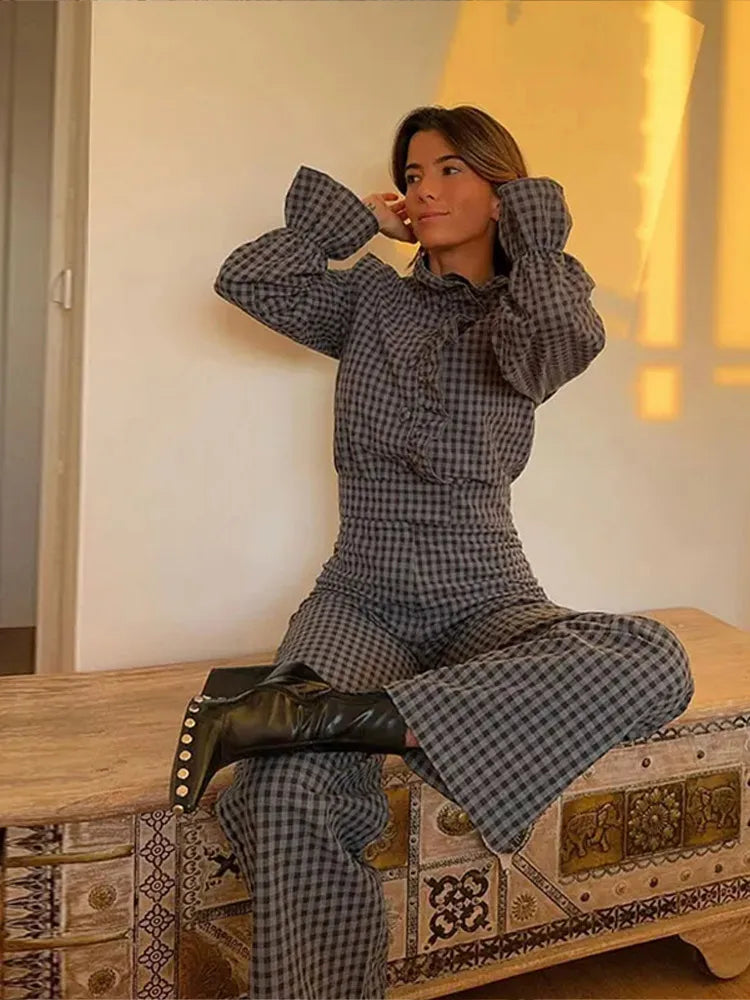 Aiertu  -  Elegant Plaid Ruffled Women Jumpsuit Long Sleeve Half High Collar Single-breasted Shirt Female Romper 2026 Pocket Straight Pants Aiertu