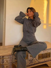 Aiertu  -  Elegant Plaid Ruffled Women Jumpsuit Long Sleeve Half High Collar Single-breasted Shirt Female Romper 2026 Pocket Straight Pants Aiertu