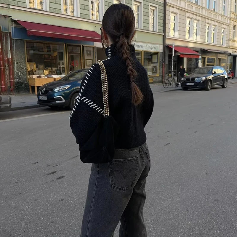Aiertu  -  Contrast Patchwork Topstitch Sweater Female Pullovers 2026 Autumn Round Collar Warm Knitted Top Chic Long Sleeve Loose Aiertu