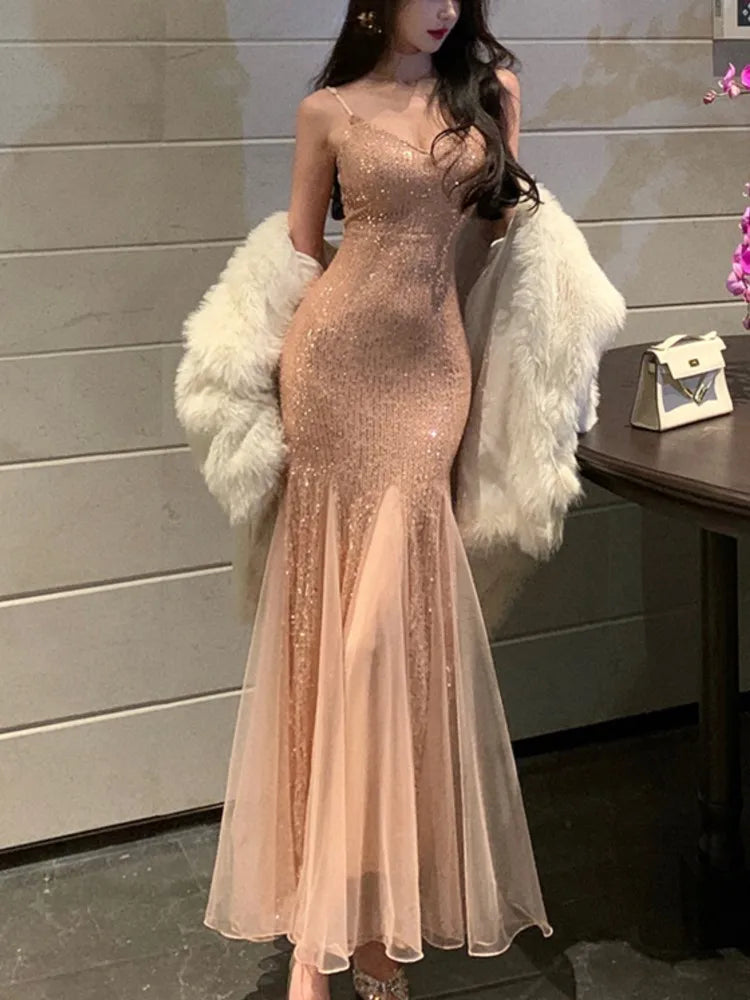 Aiertu  -  Sexy Sequin Womens Dresses Elegan Mesh Patchwork Wedding Evening Party Mermaid Dress Summer Spring Female Vestidos Long Robe New Aiertu