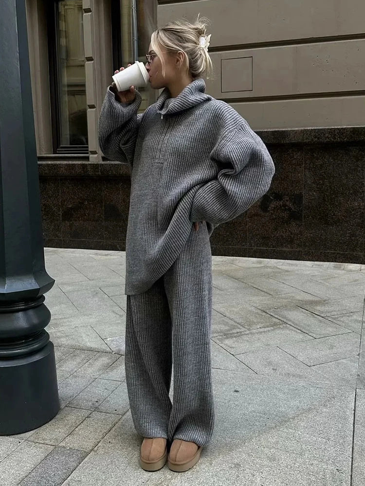 Aiertu  -  Grey Autumn Winter Knitted Sweater Pants Set 2 Pcs Outfits Thick Casual Wide Leg Pants Zip Pullover Female Loose Set Aiertu