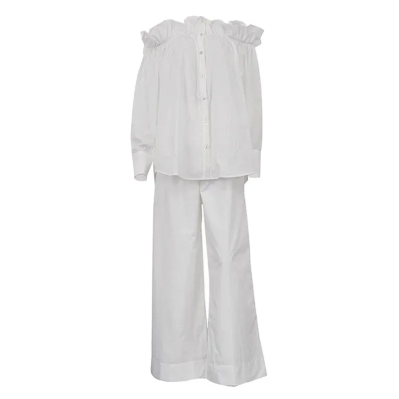 Aiertu  -  Fashion Ruffle Shirt Pants Sets Women Loose Off Shoulder Blouse High Waist Wide Leg Trouser 2025 Spring Summer Lady Solid Outfit Aiertu