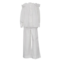 Aiertu  -  Fashion Ruffle Shirt Pants Sets Women Loose Off Shoulder Blouse High Waist Wide Leg Trouser 2025 Spring Summer Lady Solid Outfit Aiertu