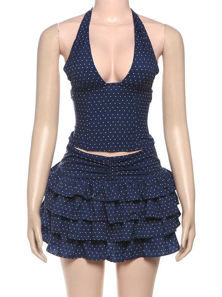 Aiertu  -  Low-Neck Polka Dots Women Two-Piece Set Halter Sleeveless Backless Mini Top+Multi-Layered Ruffles Sweet Bottoms Suits Aiertu