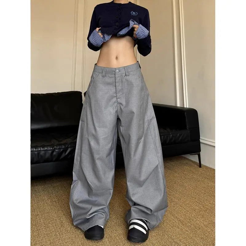 Aiertu  -  Simple and versatile gray scimitar trousers high sense 2026 silhouette loose pleated wide leg drape casual trousers Aiertu