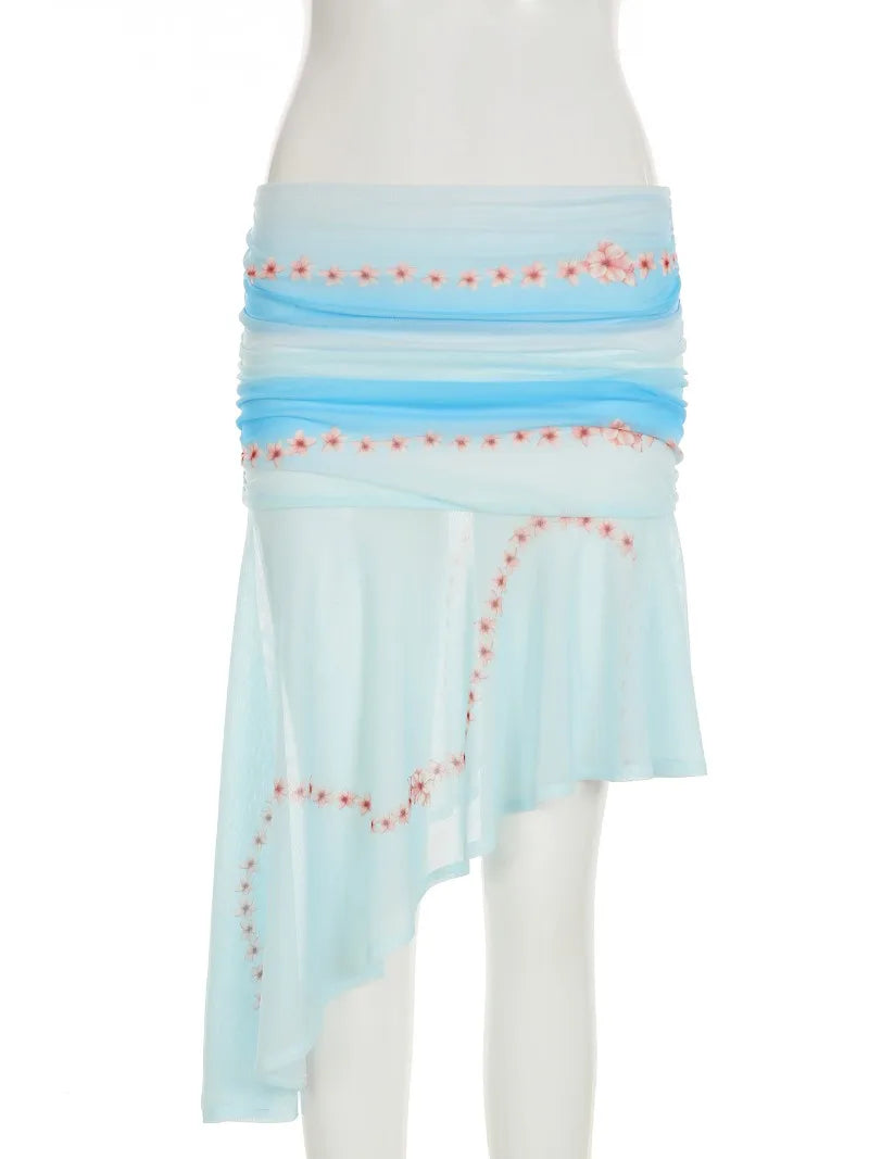 Aiertu  -  Two Piece Outfits Woman Tie Dye Floral Print Mesh Asymmetrical Skirt and Top Matching Sets Y2k Summer P67-EI28 Aiertu